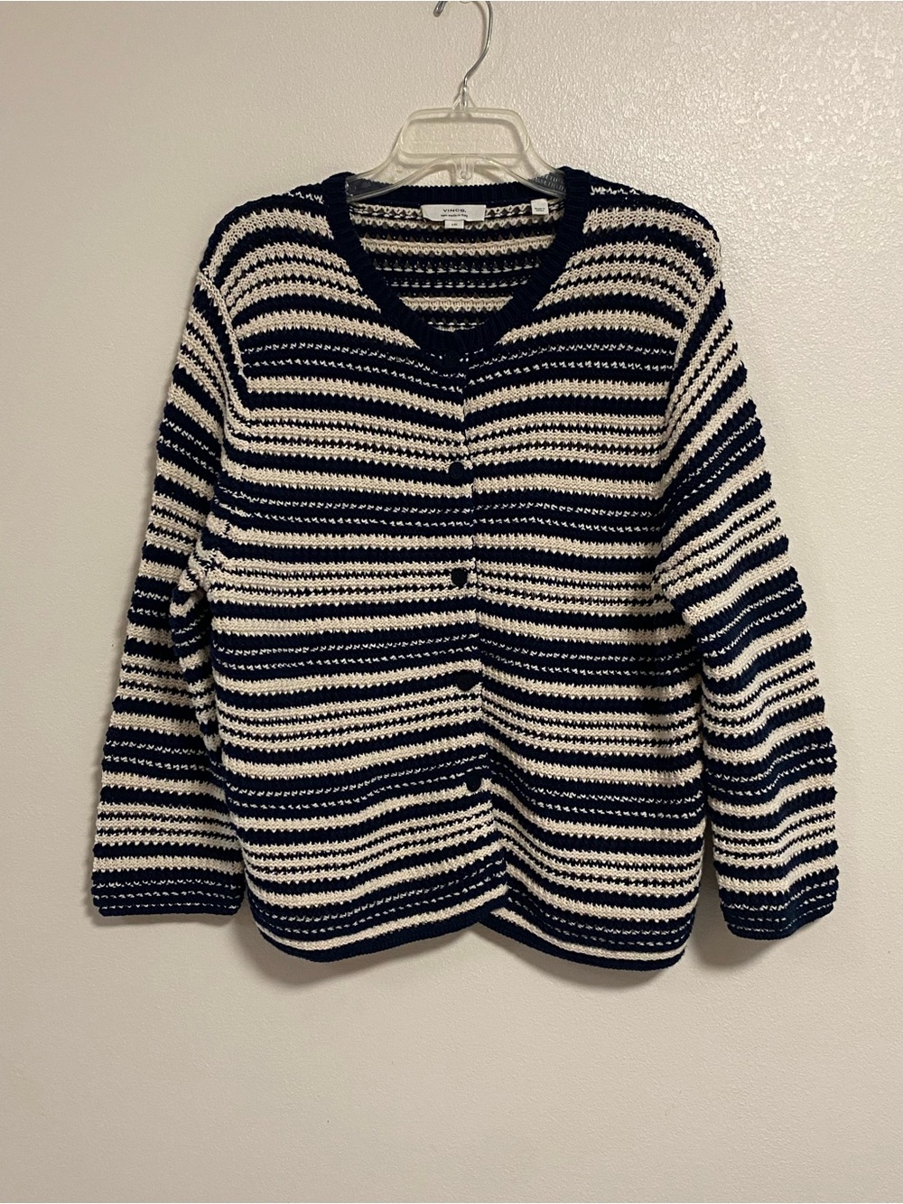 Vince Navy Cream Knit Cardigan Sweater Women’s Size Large Stripe button up